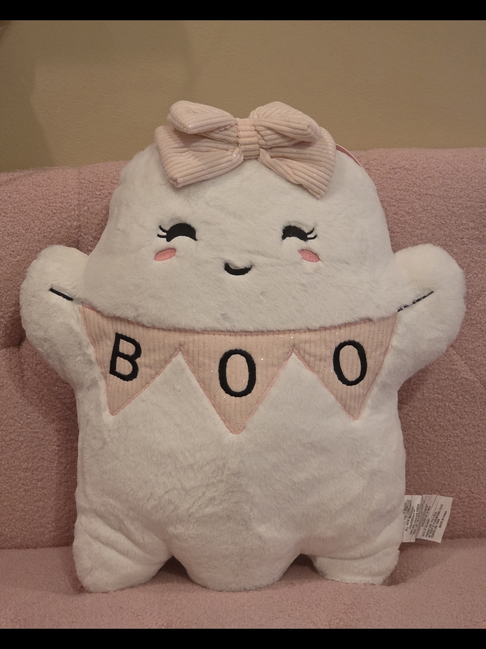 Cute White Plush 'BOO' Ghost Pillow with Pink Bow